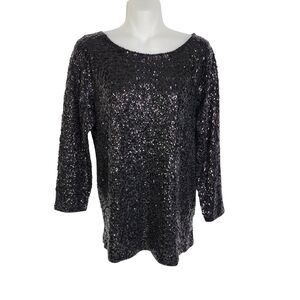 J Crew Womens Sequin Top Size Medium Black All Over Sparkle 3/4 Sleeve Party Tee